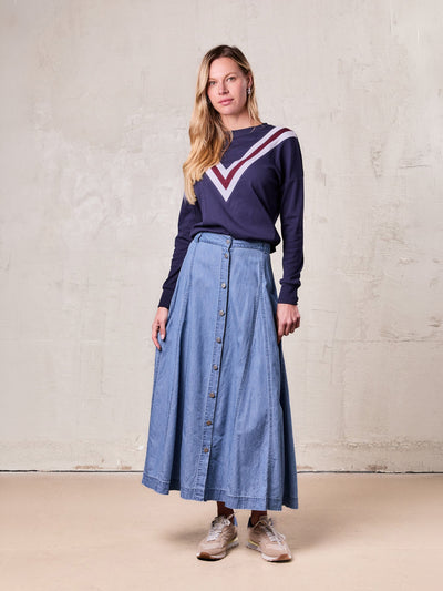 Chambray Seamed Button Down Denim Skirt-Blue