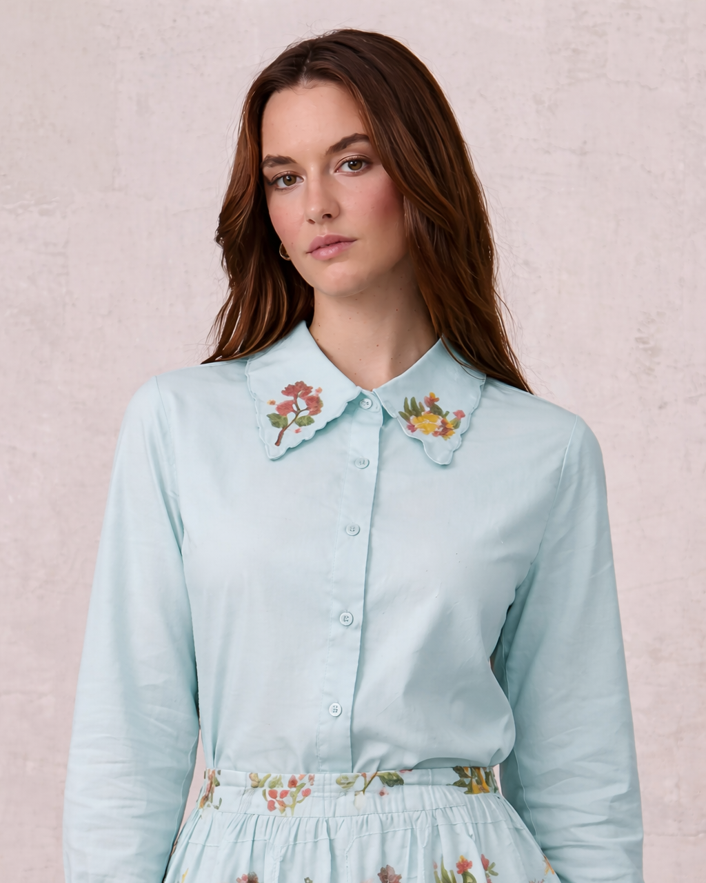 Embroidered Collar Button Down Blouse-Mint
