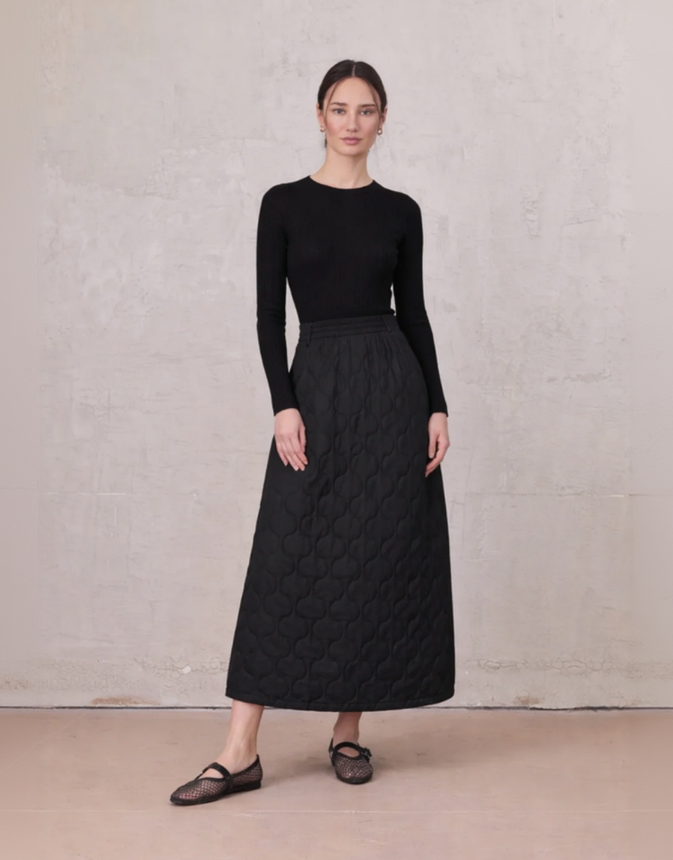 Quilted Puff Skirt-Black