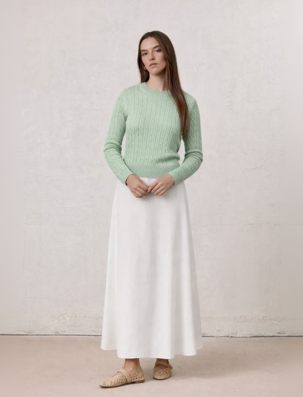 Crew Neck Cable Sweater-Mint