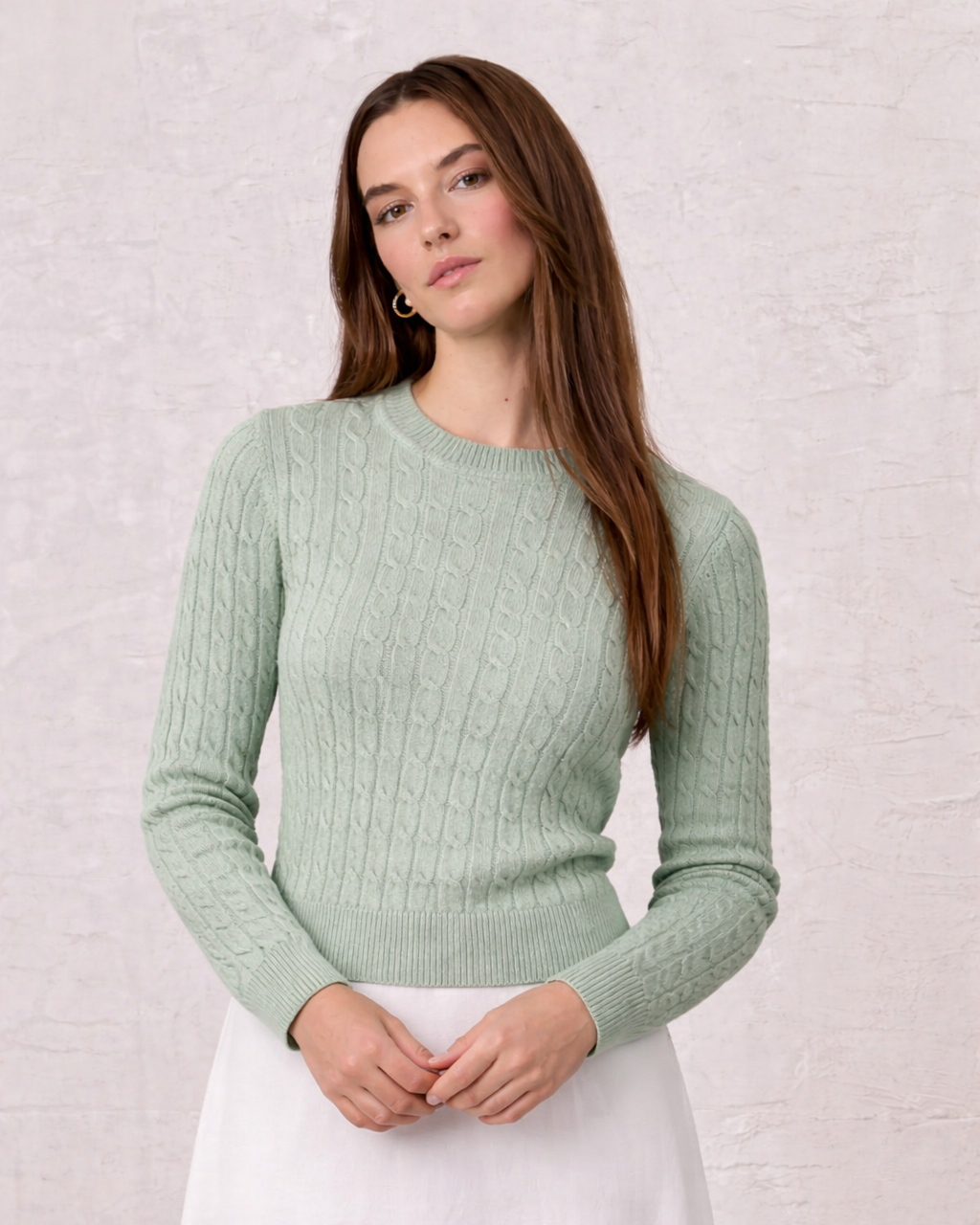 Crew Neck Cable Sweater-Mint