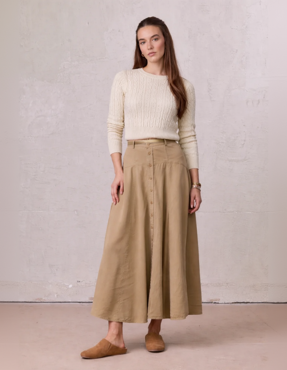 Crew Neck Cable Sweater-Bone