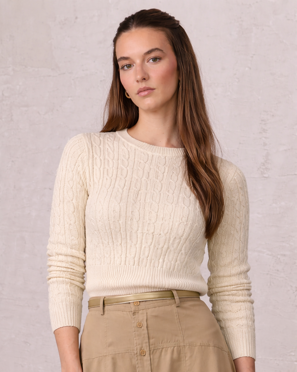 Crew Neck Cable Sweater-Bone