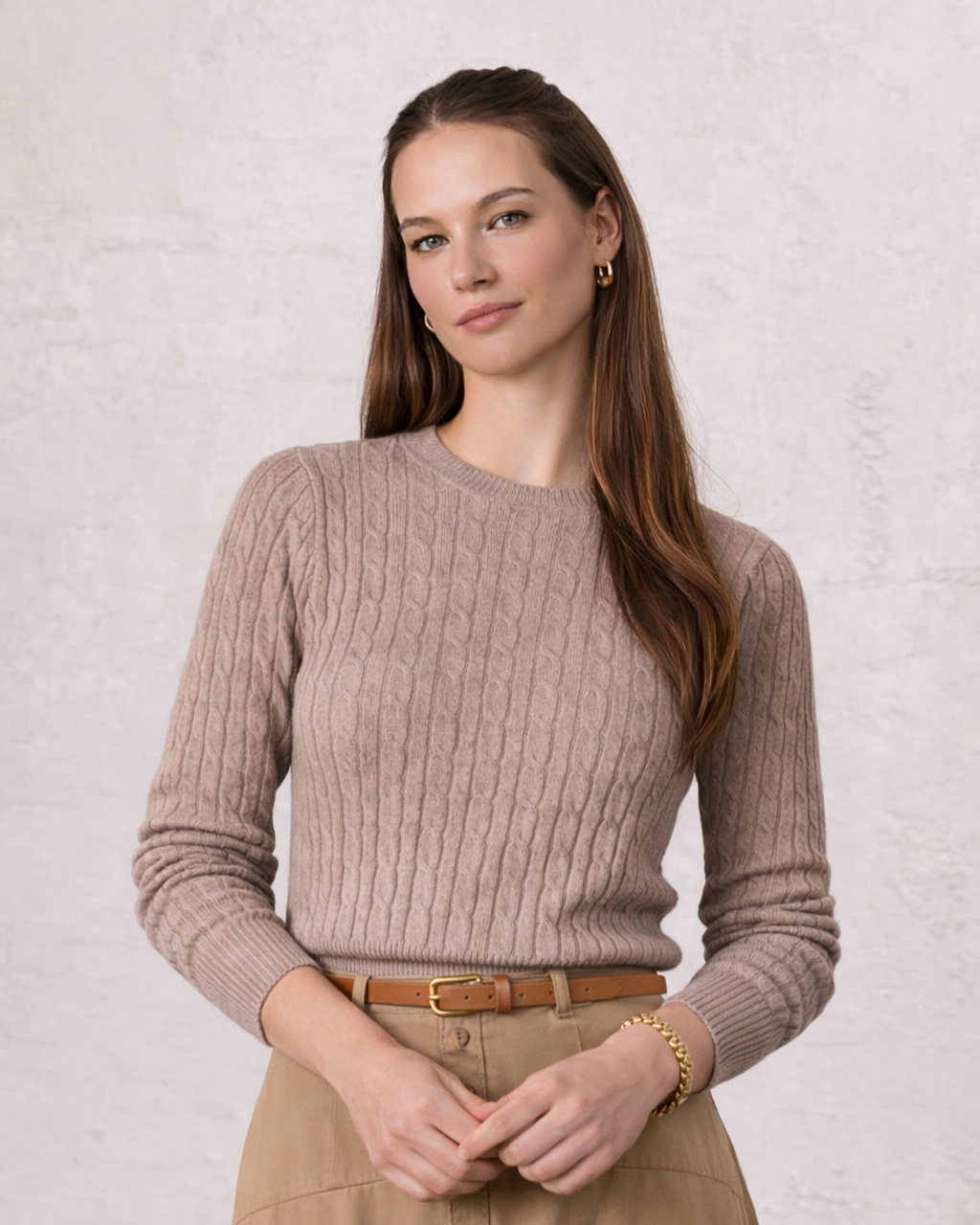 Crew Neck Cable Sweater-Mocha Mousse