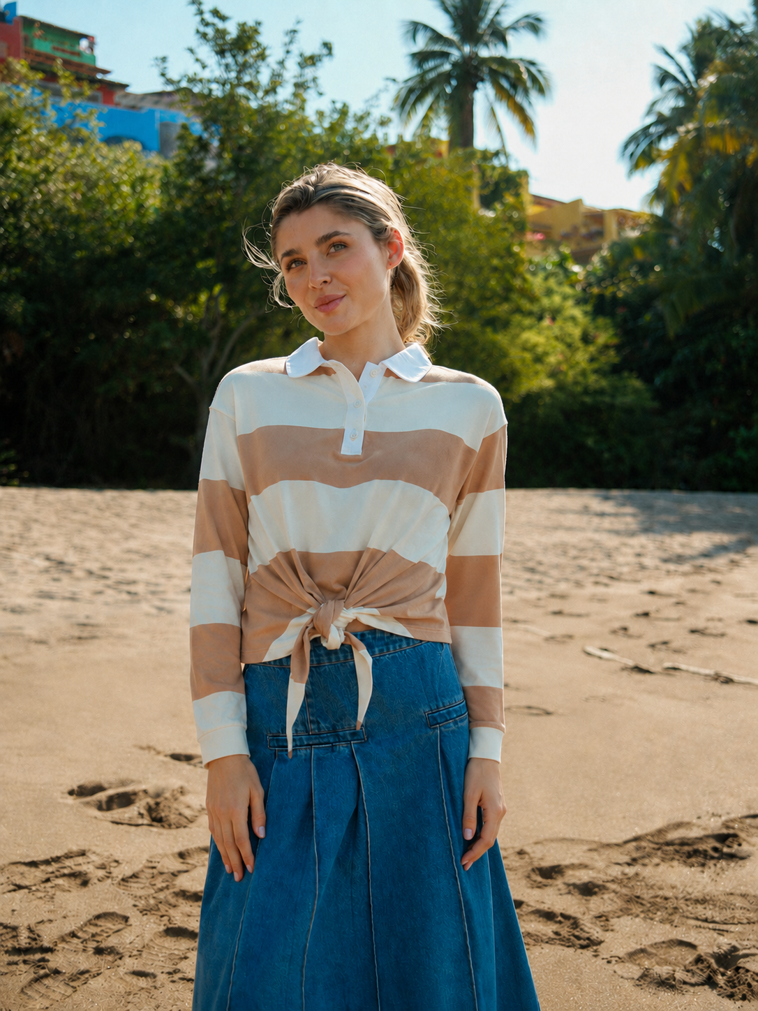 Striped Tie Bottom T-Shirt-Tan