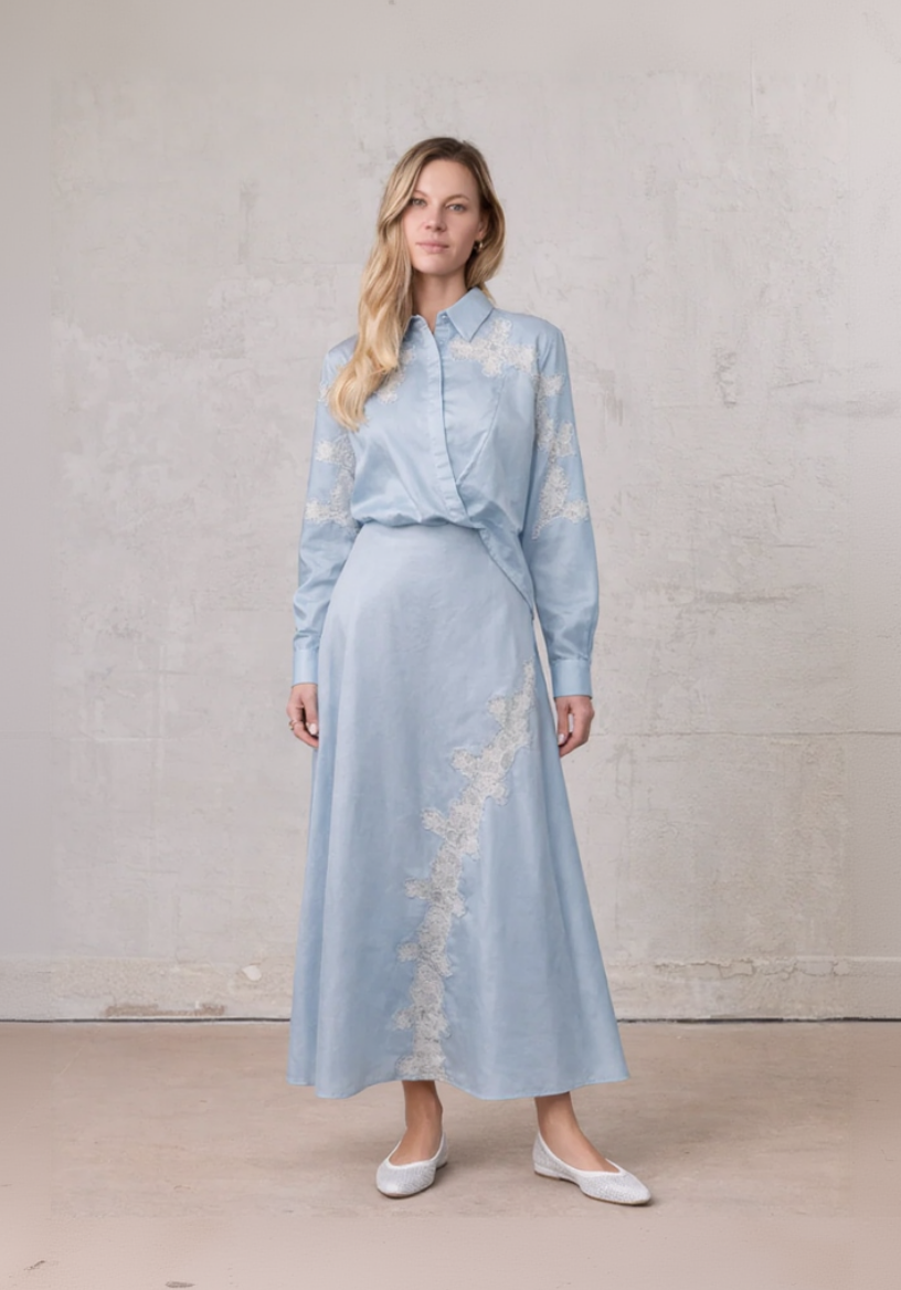 Lace Cutout Skirt-Light Blue