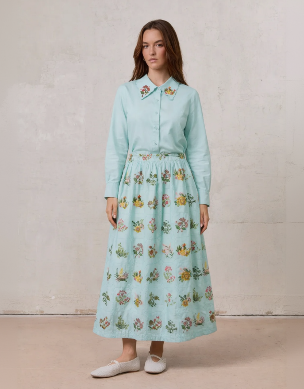 Embroidered Waisted Skirt-Mint