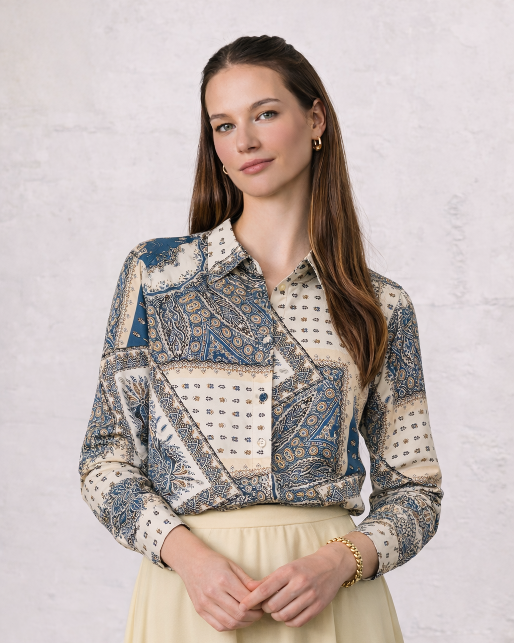 Button Down Collared Blouse-Teal Faux Satin