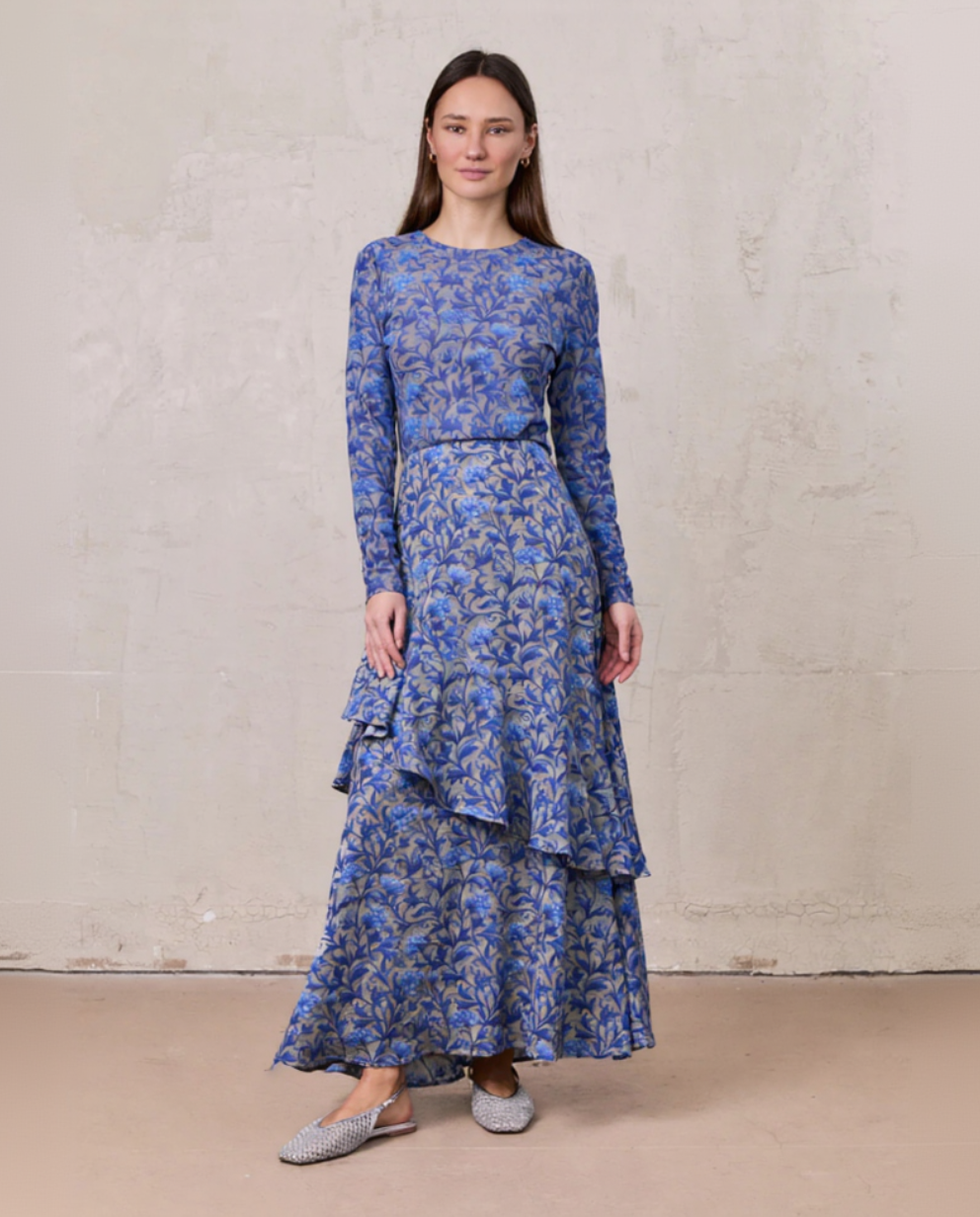 Mesh Crew Neck Print Top-Blue/Grey Vines