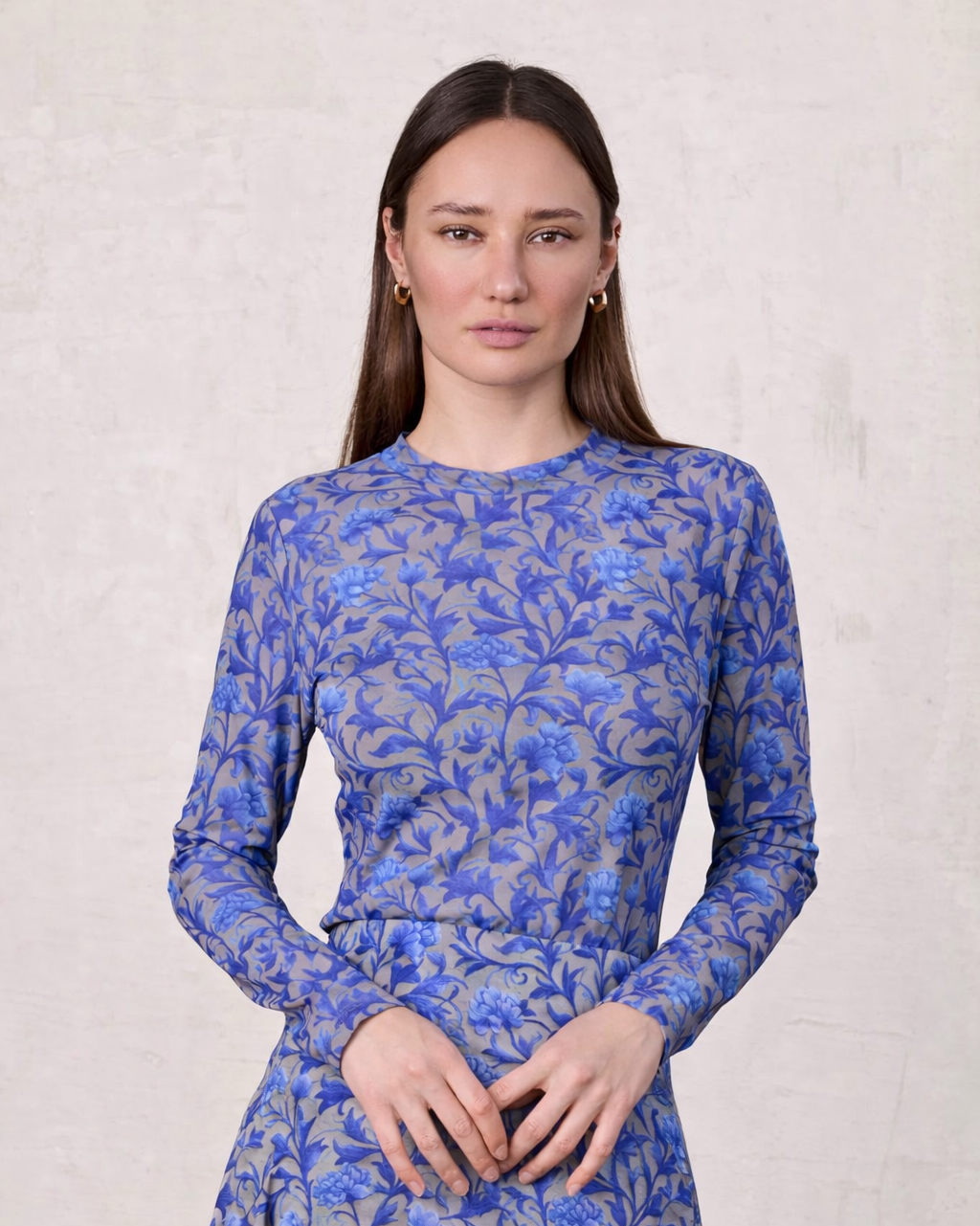 Mesh Crew Neck Print Top-Blue/Grey Vines