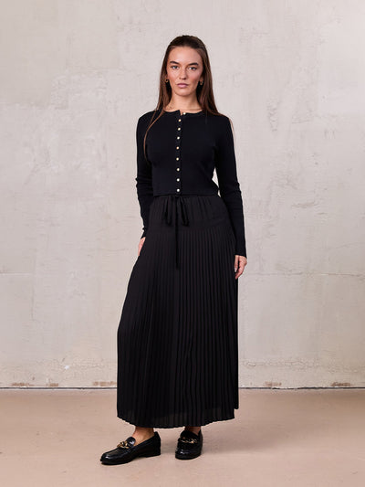 Chiffon Drop Waist Pleat Skirt-Black