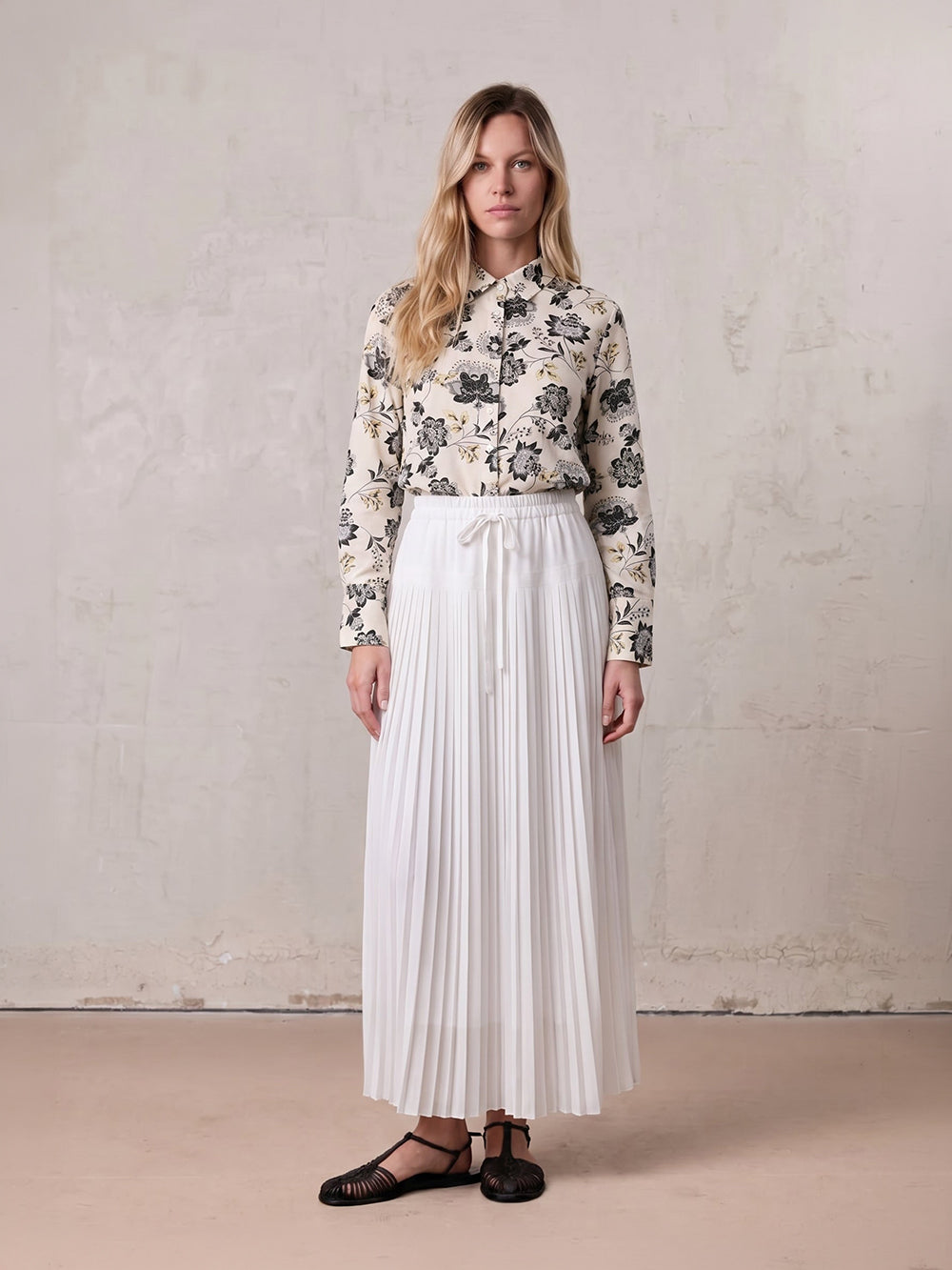 Chiffon Drop Waist Pleat Skirt-White