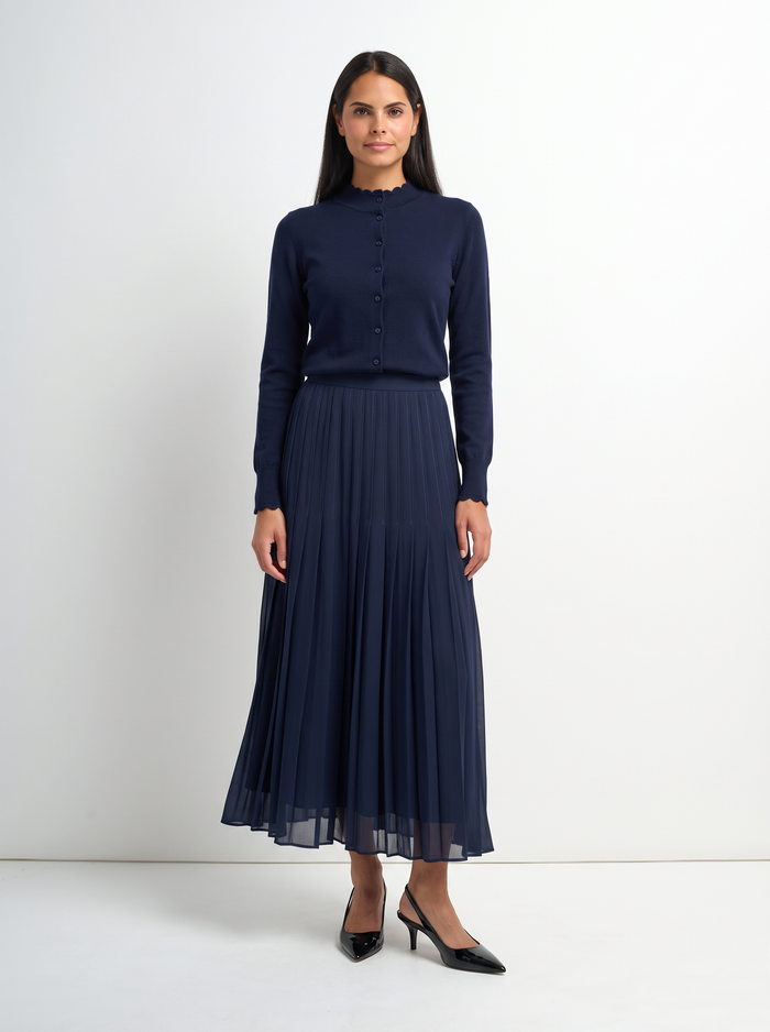Chiffon Stitched Down Pleated Skirt - Navy