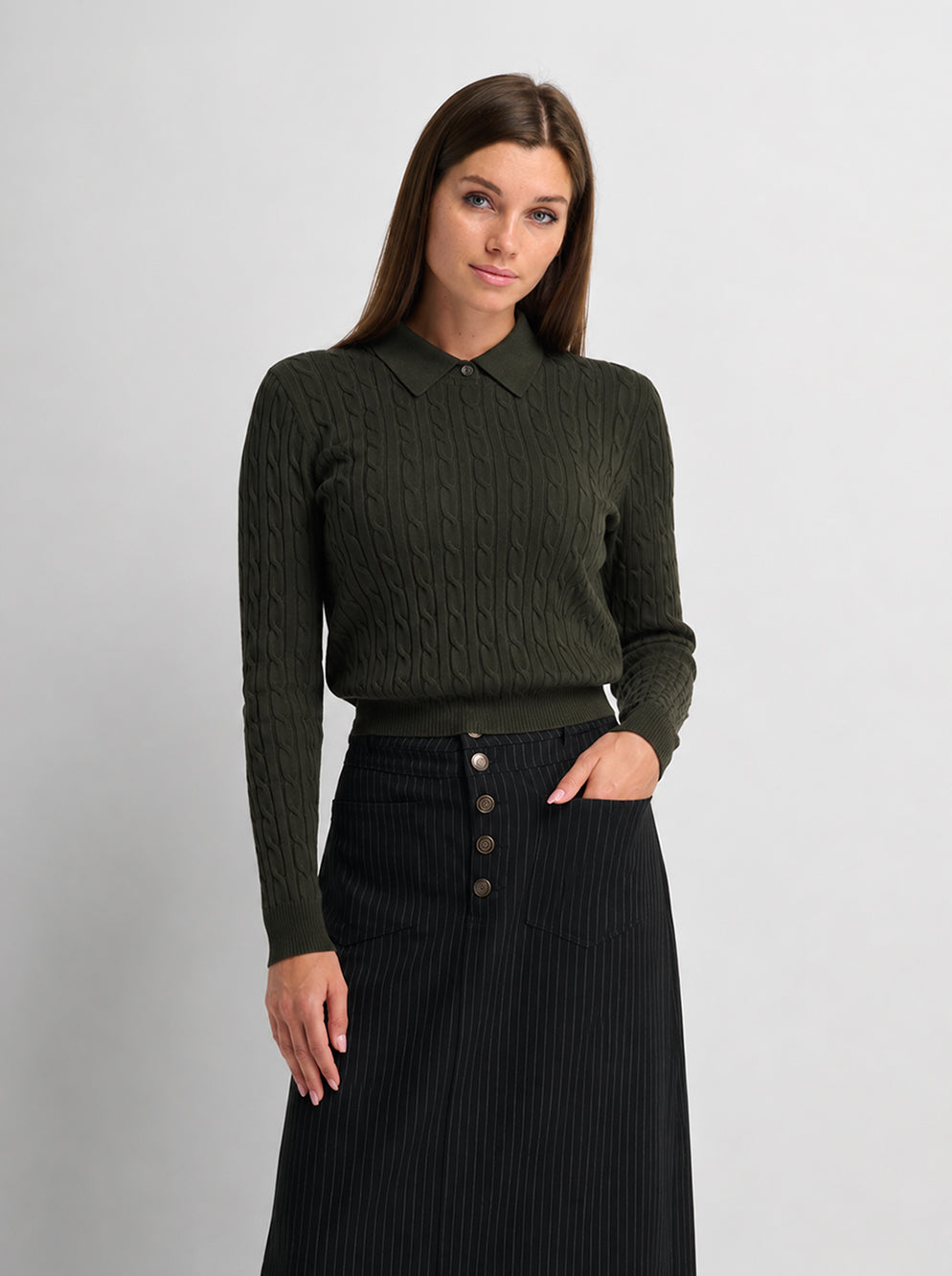 Collared Cable Sweater - Green