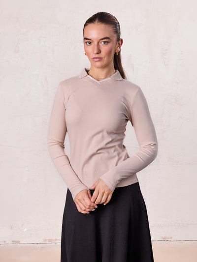 Collared High V T-Shirt-Bone