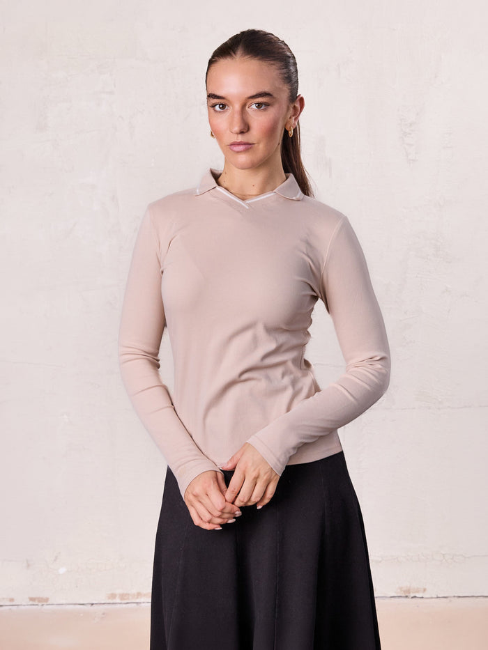 Collared High V T-Shirt-Bone
