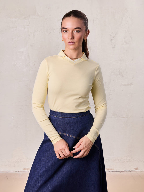 Collared High V T-Shirt-Yellow