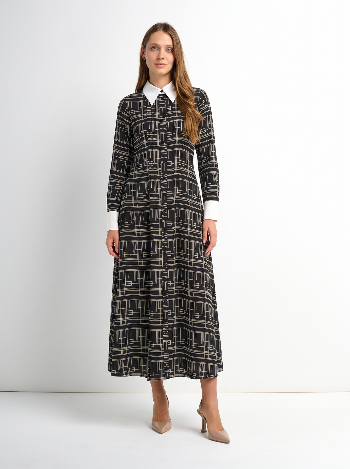 Collared Ruched Back Long Sleeve Shirtdress - Black Geometric