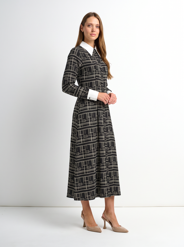 Collared Ruched Back Long Sleeve Shirtdress - Black Geometric