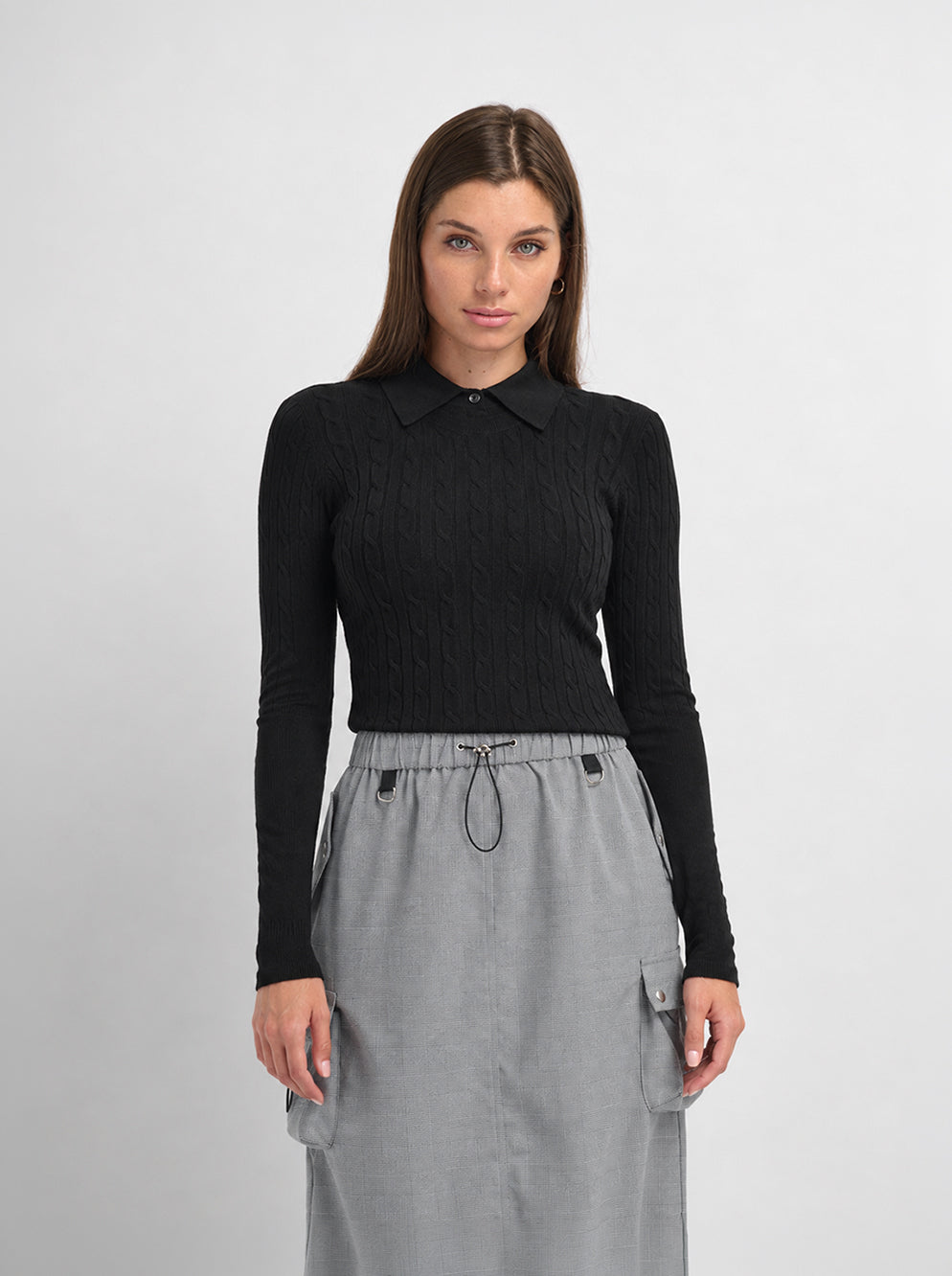Collared Cable Sweater - Black