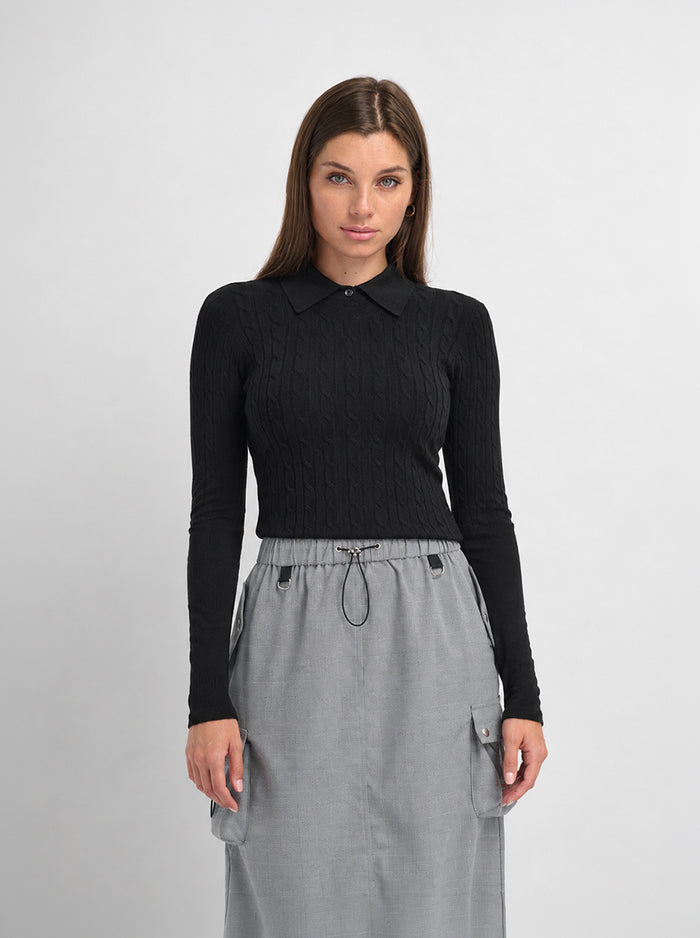 Collared Cable Sweater - Black