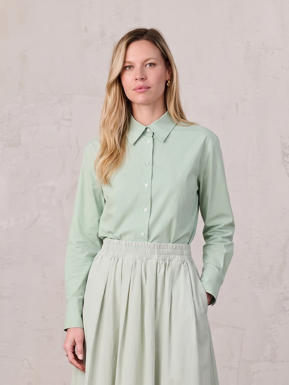 Cotton Button Down Blouse-Dusty Mint