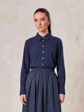 Cotton Button Down Blouse-Navy