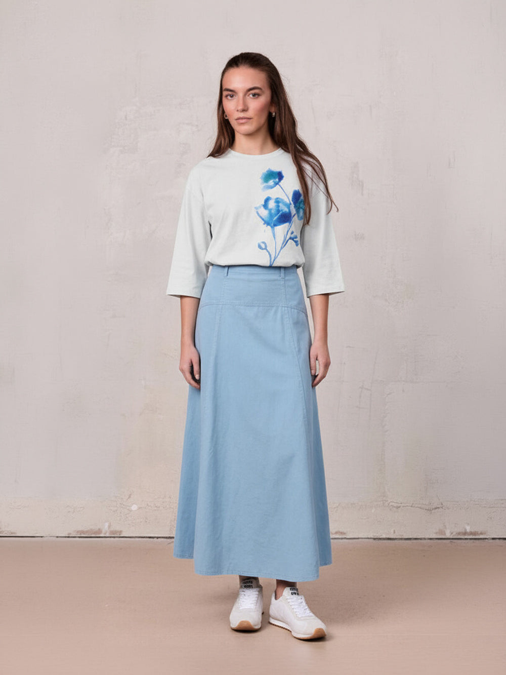 Cotton Yoke Circle Skirt-Blue