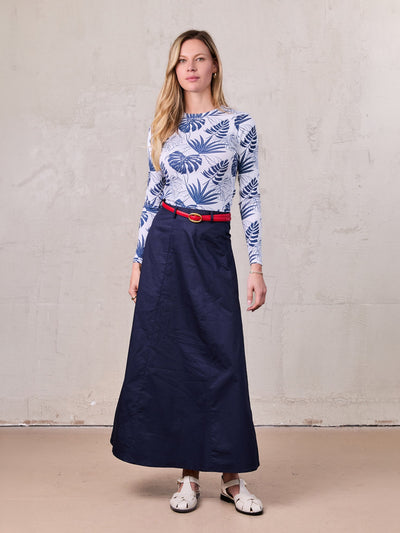 Cotton Yoke Circle Skirt-Navy