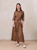 Cotton Yoke Gathered Dress-Brown