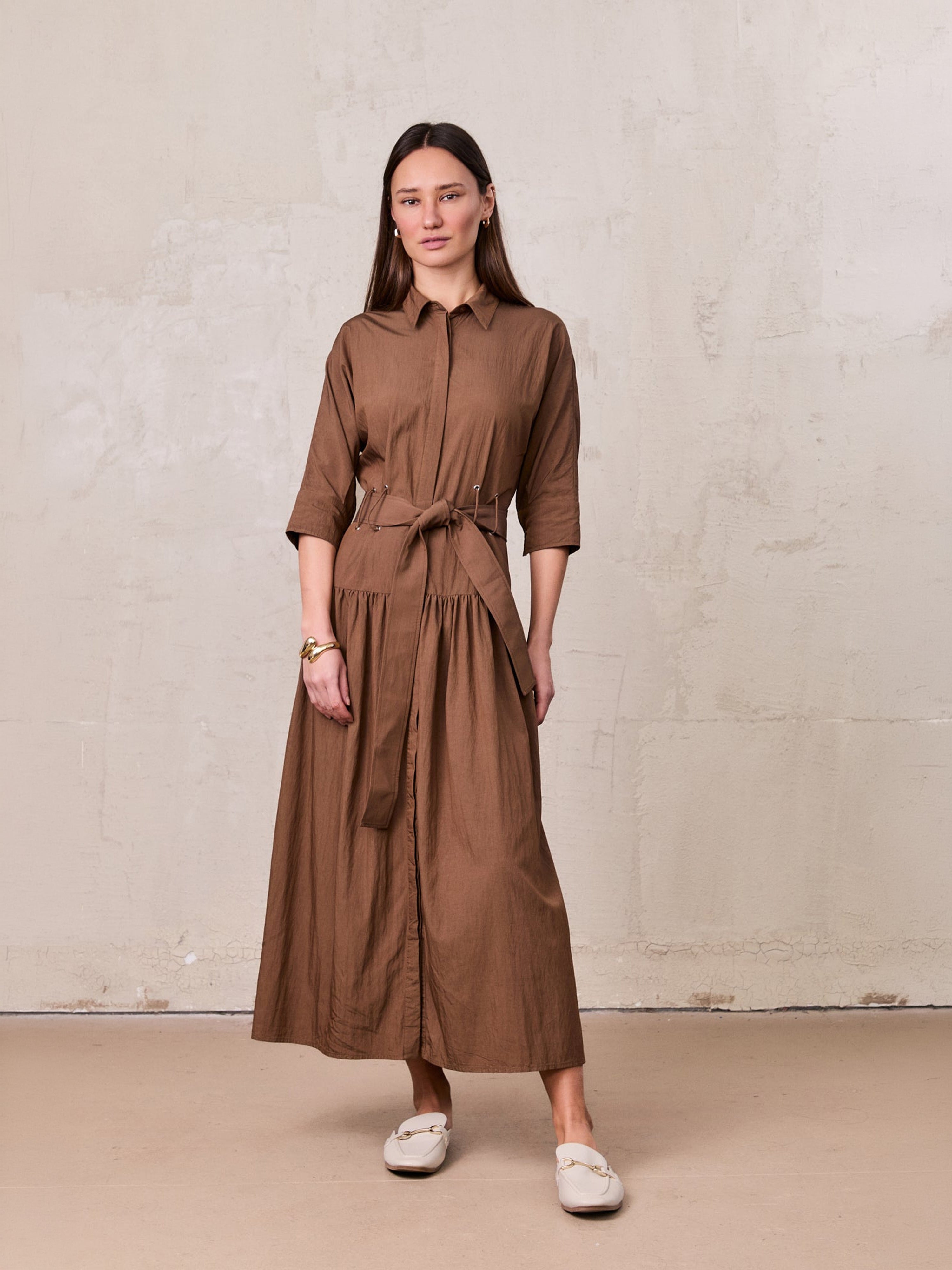 Cotton Yoke Gathered Dress-Brown