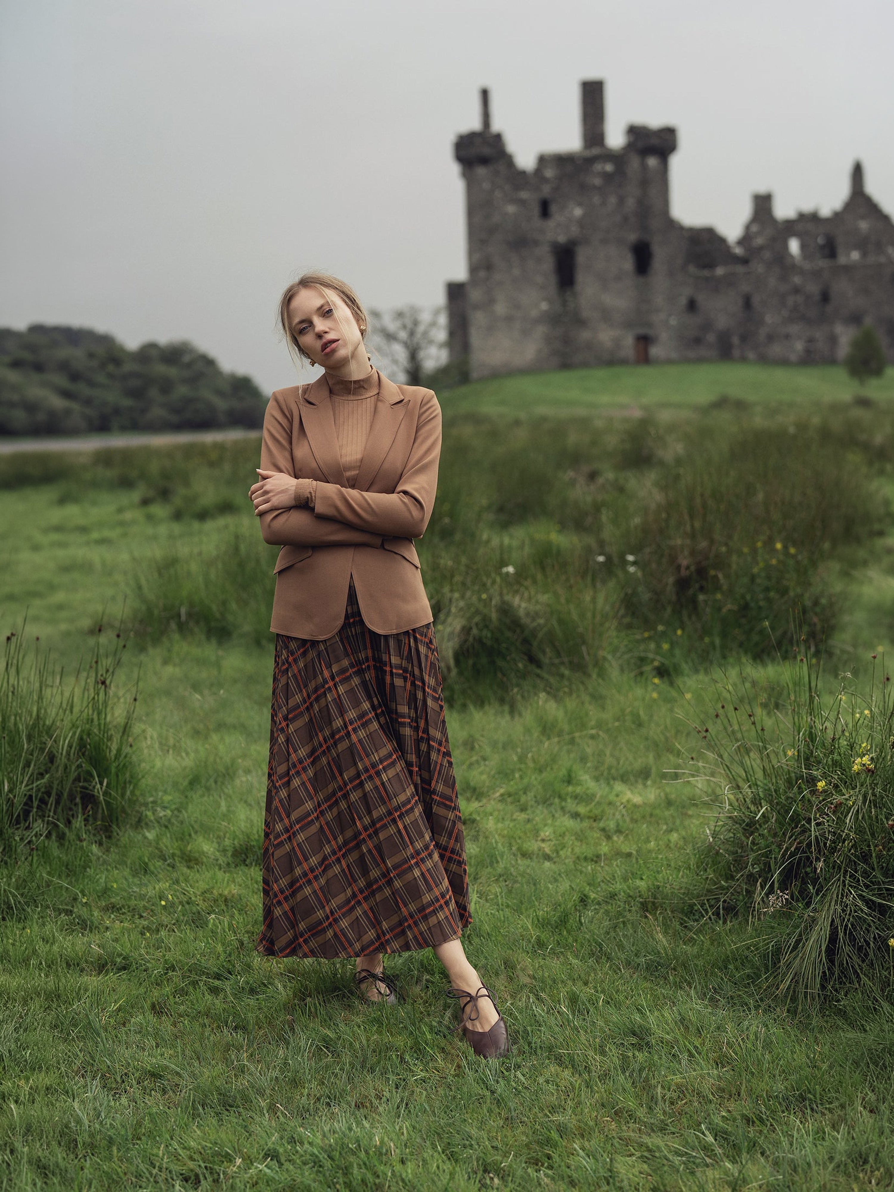 Covered Band Pleated Skirt-Brown/Orange Plaid