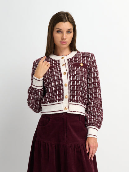 Gold Button Down Plaid Cardigan - Burgundy/Cream