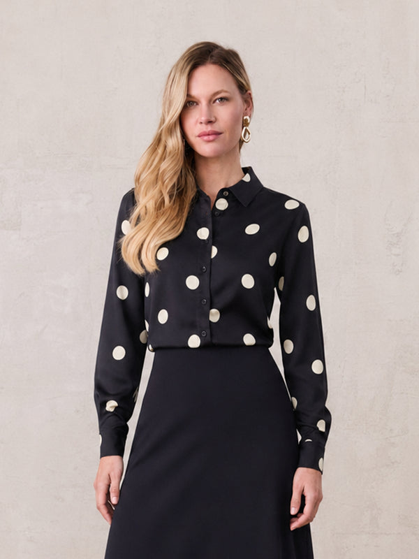 Oversized Satin Blouse-Black/Cream Polka Dot