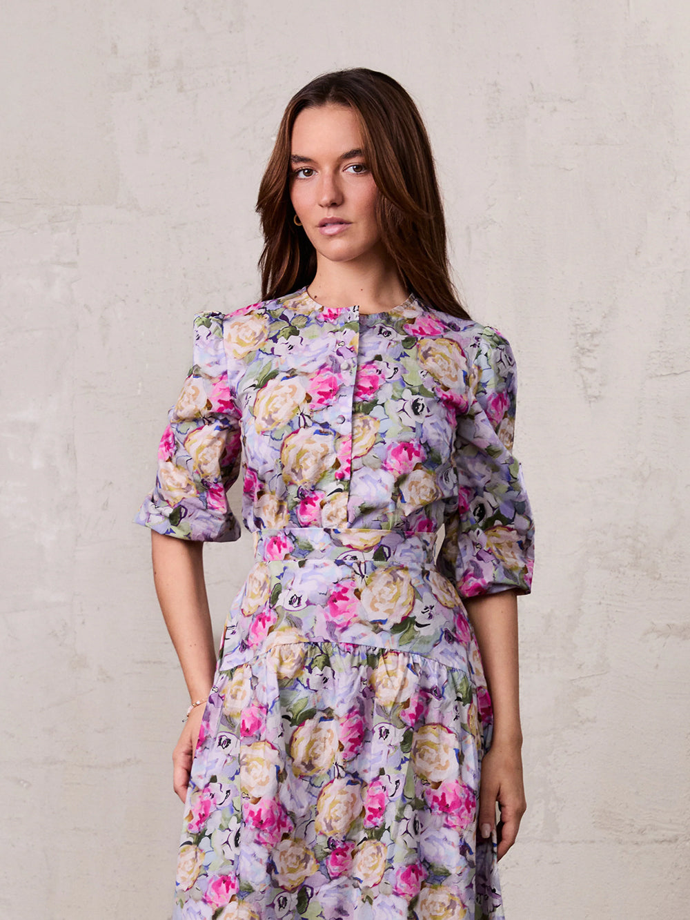 Crew Neck Button Down Blouse-Pink/Purple