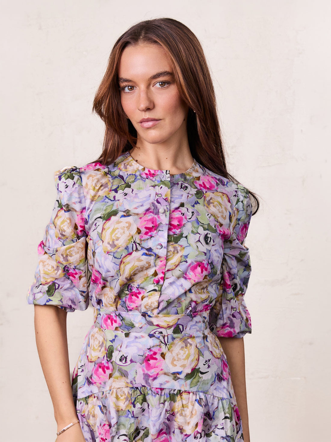 Crew Neck Button Down Blouse-Pink/Purple