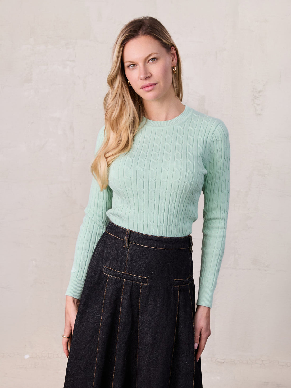 Crew Neck Cable Sweater-Aqua