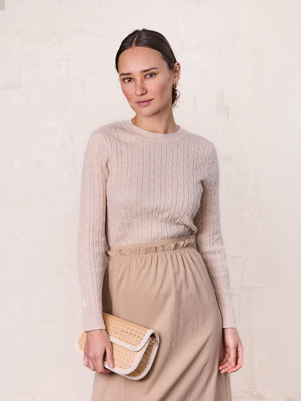 Crew Neck Cable Sweater-Bone