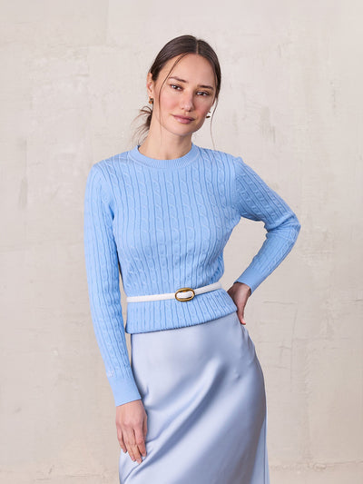 Crew Neck Cable Sweater-Light Blue