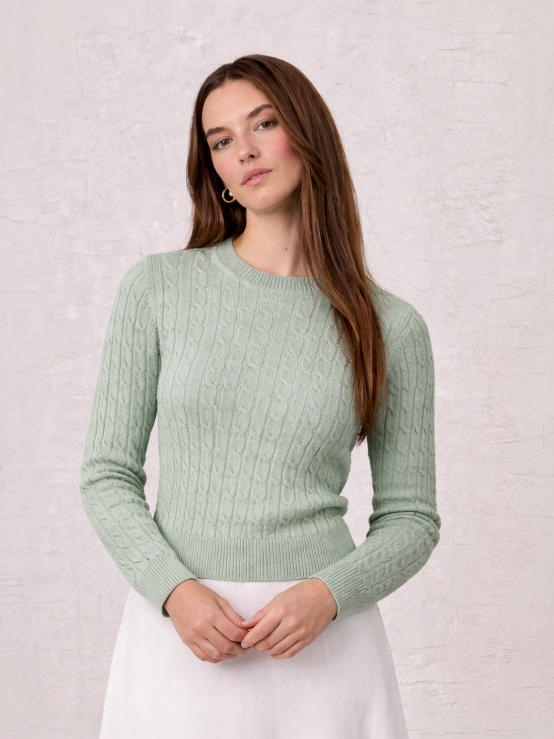 Crew Neck Cable Sweater-Mint