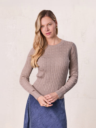 Crew Neck Cable Sweater-Mocha Mousse