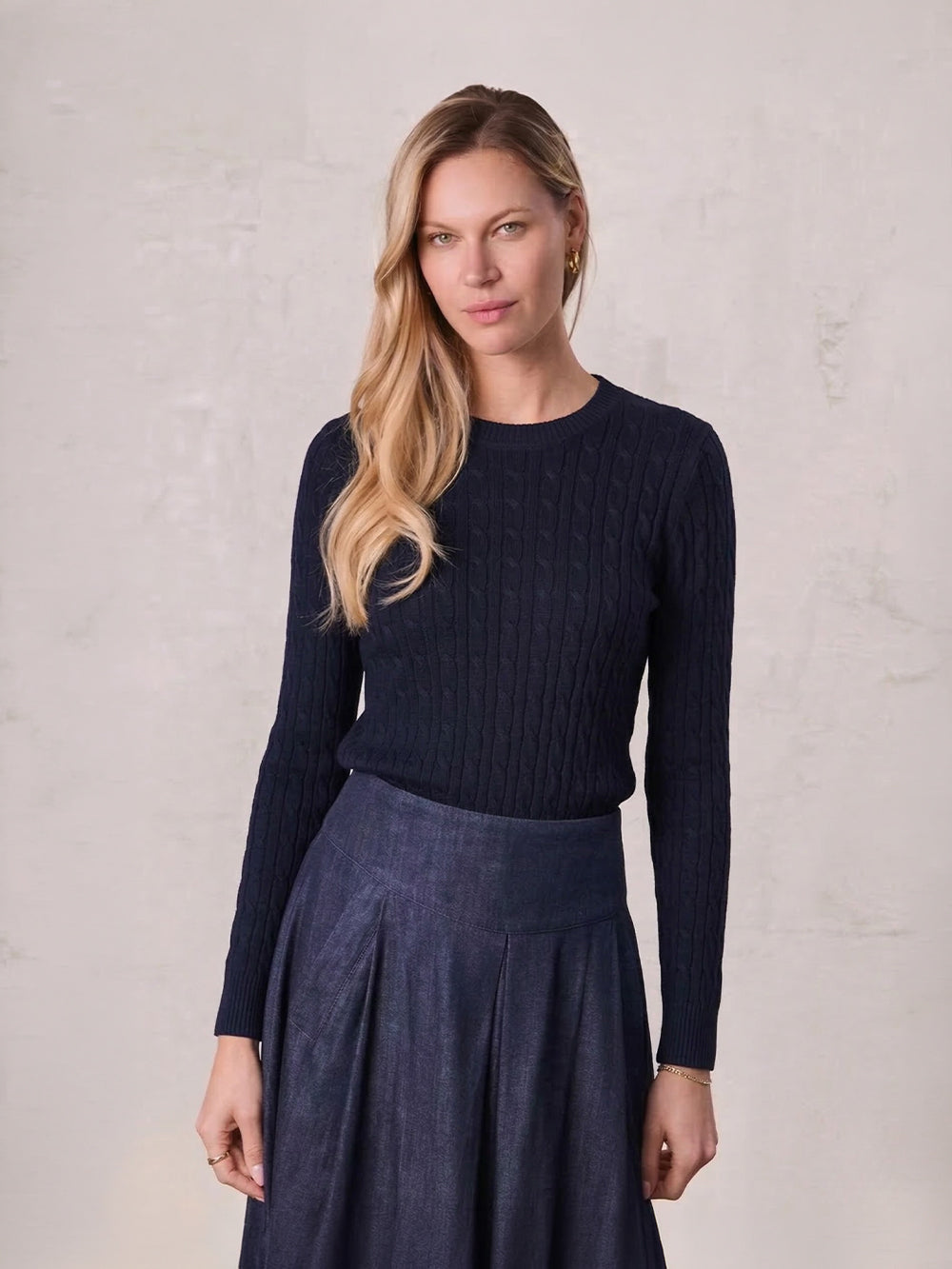 Crew Neck Cable Sweater-Navy