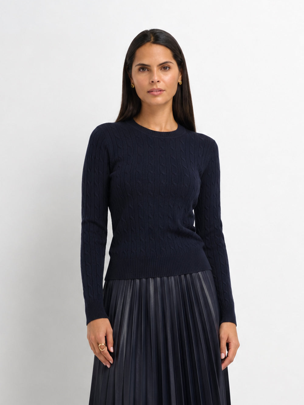 Crew Neck Cable Sweater-Navy