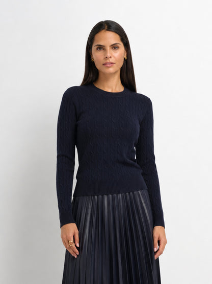 Crew Neck Cable Sweater-Navy