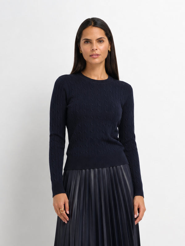 Crew Neck Cable Sweater-Navy