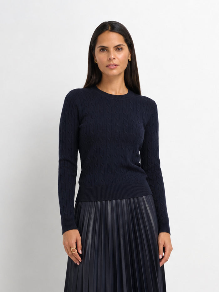 Crew Neck Cable Sweater-Navy