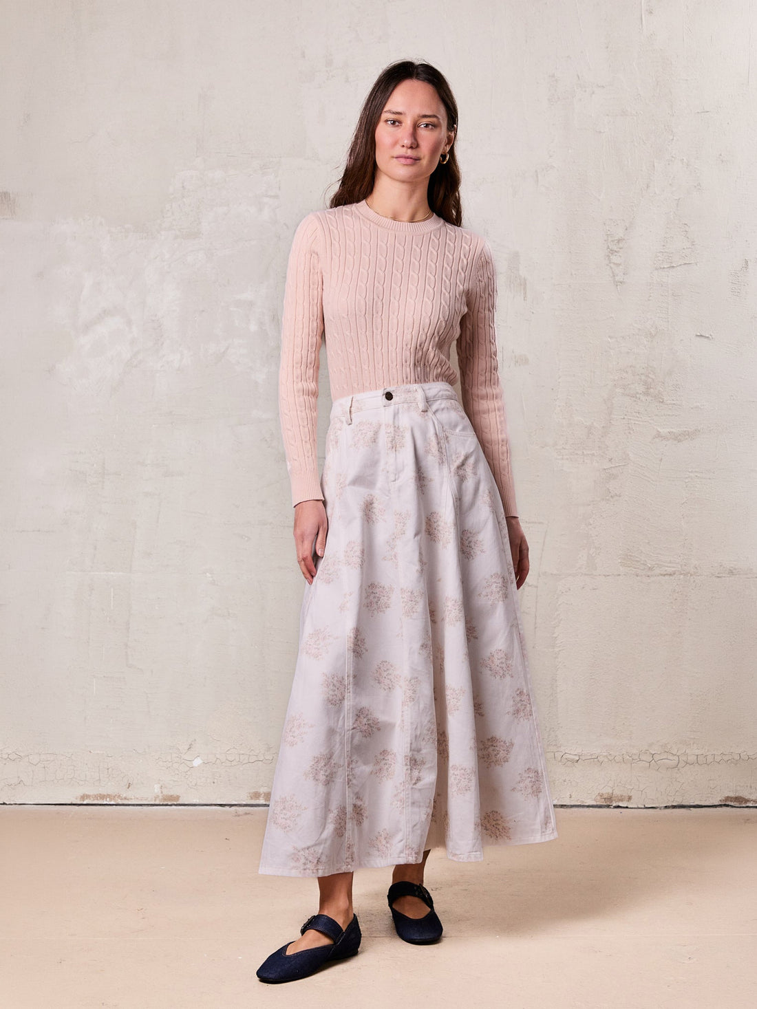 Crew Neck Cable Sweater-Peach
