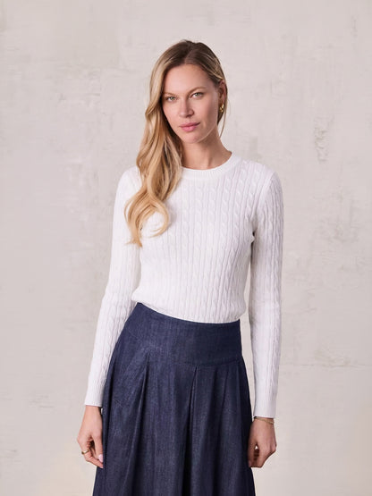 Crew Neck Cable Sweater-White