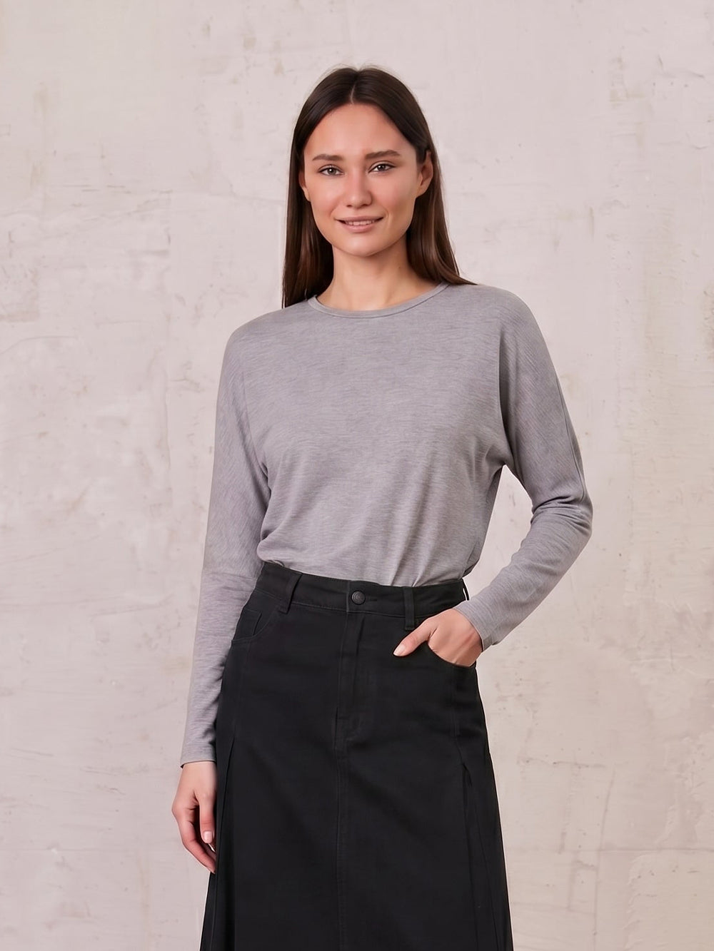 Crew Ribbed Dolman-Heathered Grey