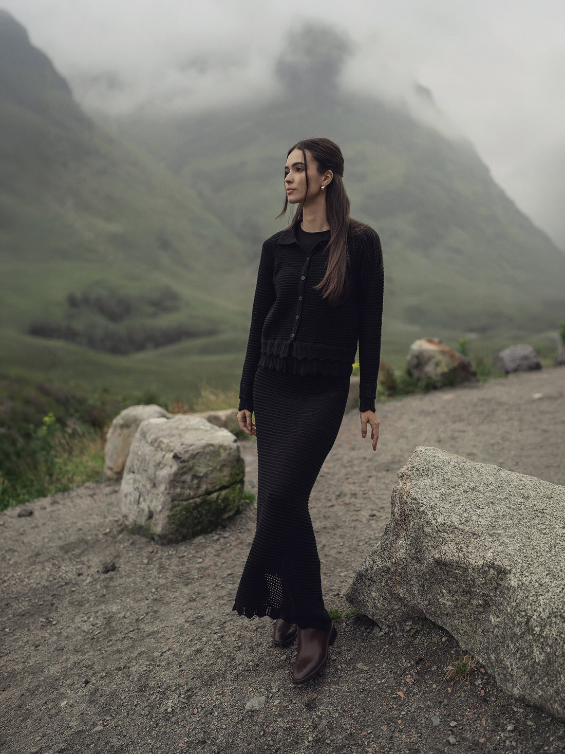 Crochet Ruffle Cardigan-Black